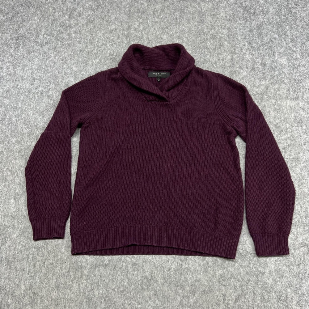 Rag & Bone Sweater Mens L Purple Wool Shawl Collar Button Pullover Fits Medium